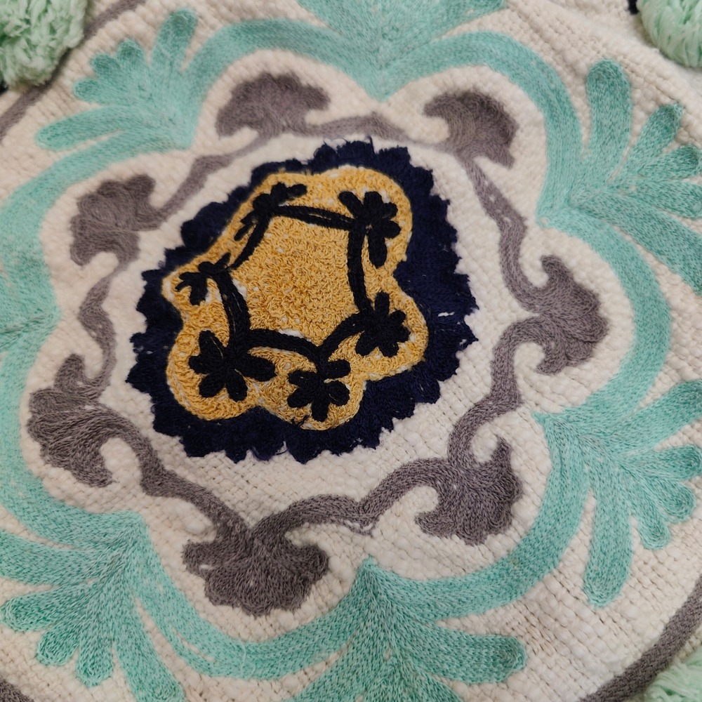 Anthropologie Pillow Cover 18x18 Cream Boho Embroidered Tassels Pom Poms Mandala - Picture 4 of 8